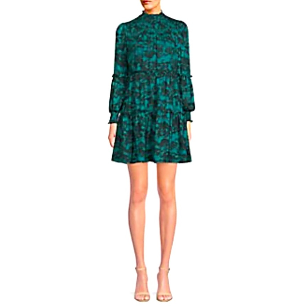 SAKS tiered mini dress in green and black. Size Medium.